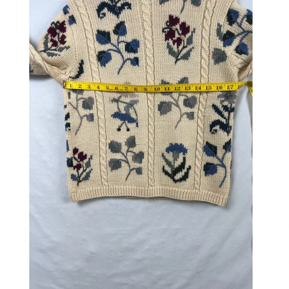 Talbots Cardigan Sweater Women Petite P Beige Floral Hand Knit 100% Wool Cable